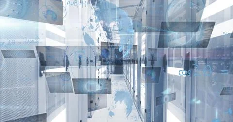 Image of mathematical equations and data processing against computer server room Stock Illustration