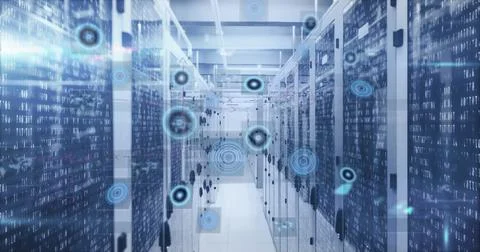 Image of mathematical equations and data processing against computer server room 스톡 일러스트