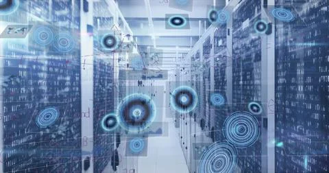 Image of mathematical equations and data processing against computer server room Stock Illustration