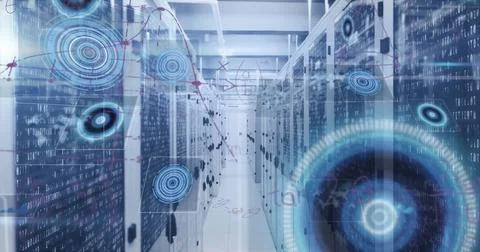 Image of mathematical equations and data processing against computer server room Stock Illustration