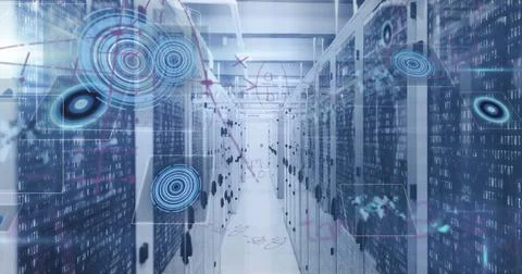 Image of mathematical equations and data processing against computer server room Stock-Illustration