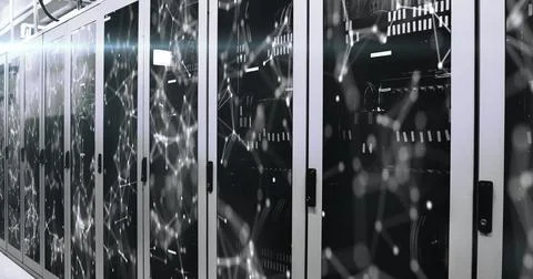 Image of mathematical equations and data processing against computer server room Stock Illustration