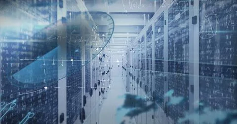 Image of mathematical equations and data processing against computer server room Stock Illustration