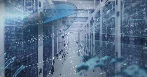 Image of mathematical equations and data processing against computer server room イラスト素材