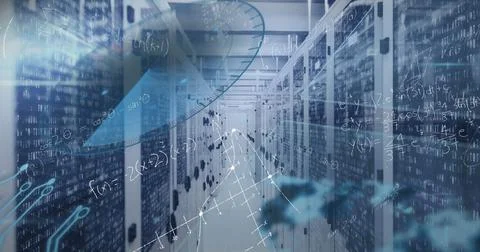 Image of mathematical equations and data processing against computer server room イラスト素材