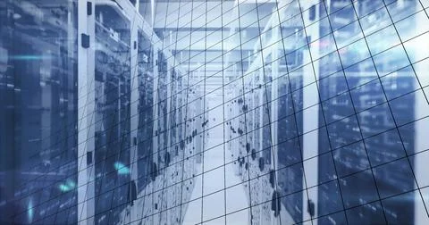 Image of mathematical equations and data processing over server room Stock Illustration