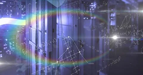 Image of mathematical equations and data processing against rainbow lens flare Illustrazione stock