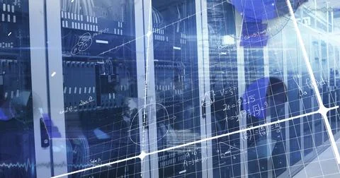 Image of mathematical equations and data processing over grid network against Foto stock