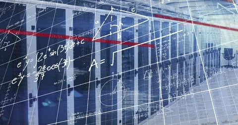 Image of mathematical equations and data processing over computer servers 写真素材