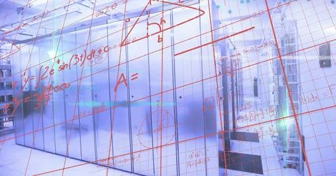 Image of mathematical equations and data processing over computer servers Foto stock