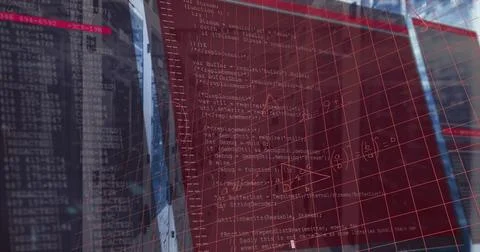 Image of mathematical equations and data processing over server room 스톡 사진