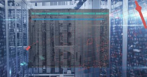 Image of mathematical equations and data processing over server room 库存照片