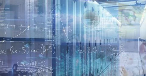 Image of mathematical equations and data processing over server room Foto stock