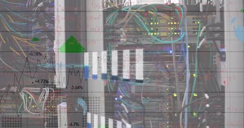 Image of mathematical equations and data processing over server room 스톡 사진
