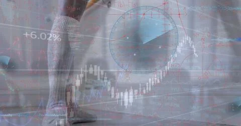 Image of mathematical equations and data processing over woman dancing Stock Photos