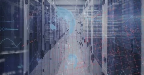 Image of mathematical equations and data processing over server room Foto stock