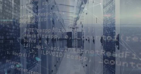 Image of mathematical equations and data processing against computer server room 스톡 사진