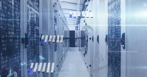 Image of mathematical equations and data processing against computer server room 스톡 사진
