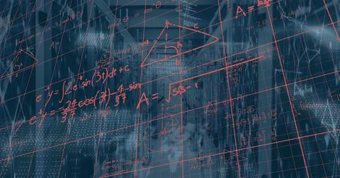 Image of mathematical equations and data processing against computer server room Stock Photos