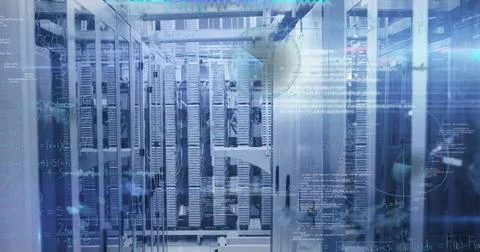 Image of mathematical equations and data processing against computer server room Stock Photos