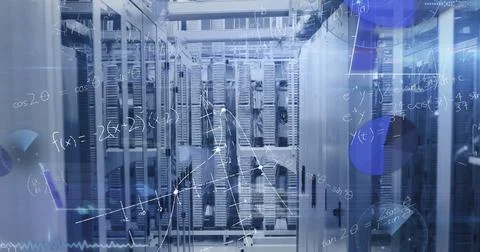 Image of mathematical equations and data processing against computer server room 写真素材