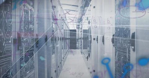 Image of mathematical equations and data processing against computer server room Foto stock