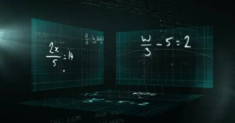 Image of mathematical equations and data processing on screens over dark Stock Photos