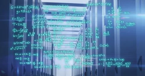 Image of mathematical equations and data processing against computer server.. Stock Photos