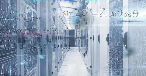 Image of mathematical equations and data processing over server room 스톡 사진