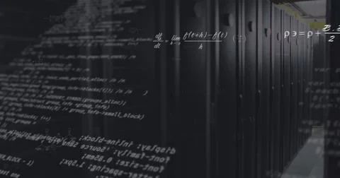 Image of mathematical equations and data processing against computer server room 写真素材