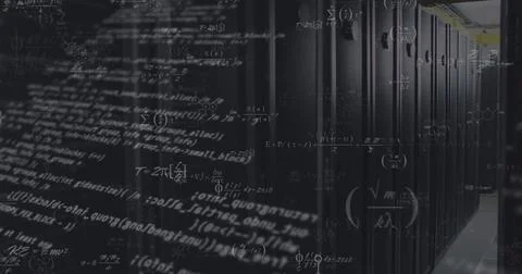 Image of mathematical equations and data processing against computer server room Foto stock