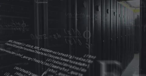 Image of mathematical equations and data processing against computer server room Foto stock