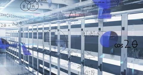 Image of mathematical equations and data processing against light trail over Stock Photos
