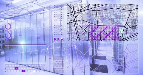 Image of mathematical equations and data processing over computer servers 스톡 사진