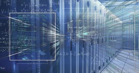 Image of mathematical equations and data processing over computer servers Stockfoto's