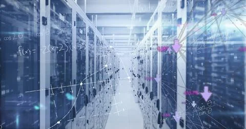 Image of mathematical equations and data processing over computer servers Stock Photos