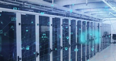 Image of mathematical equations and data processing over computer servers 스톡 사진