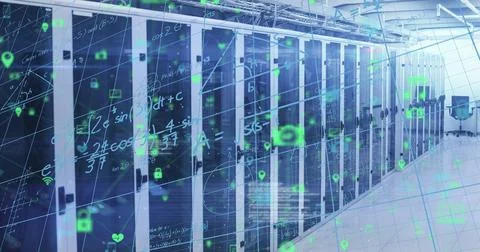 Image of mathematical equations and data processing over computer servers 스톡 사진