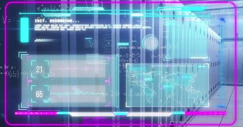 Image of mathematical equations and data processing on screens over computer Stockfoto's