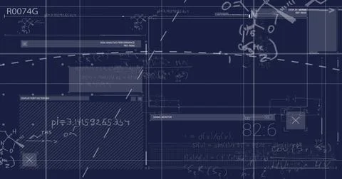 Image of mathematical equations and data processing on blue background 写真素材