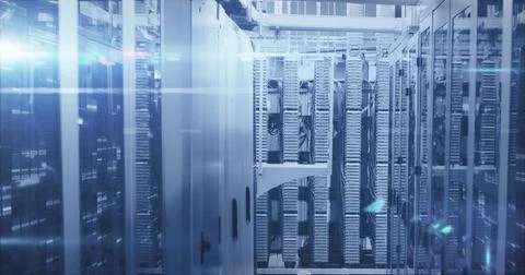 Image of mathematical equations and data processing against computer server room Stock Photos
