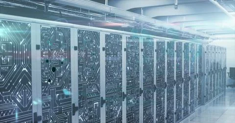 Image of mathematical equations and digital interface over network of computer Stock Photos