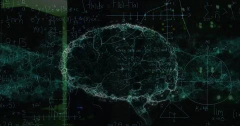 Image of mathematical equations and digital brain over server room Foto stock