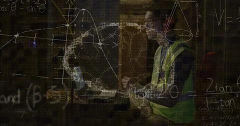 Image of mathematical equations and digital brain over asian man in server room Foto stock