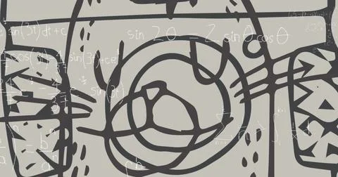 Image of mathematical equations and drawing over green background Illustrazione stock