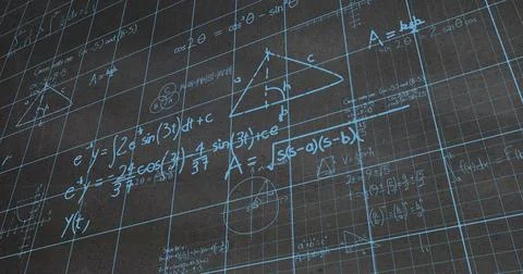 Image of mathematical equations and formulas over grid network against text.. Stock Photos