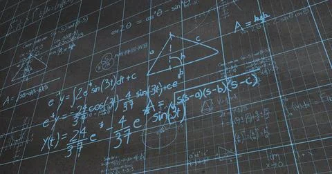 Image of mathematical equations and formulas over grid network against text.. Stock Photos