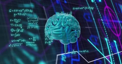 Image of mathematical equations and glowing scanner over brain on black Stock Illustration