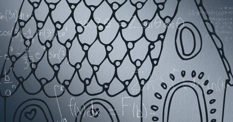 Image of mathematical equations and house drawing over white background イラスト素材