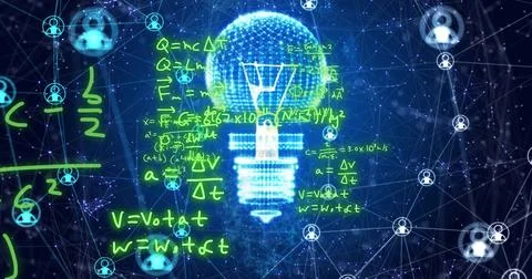 Image of mathematical equations and icons over light bulb and networks Illustrazione stock